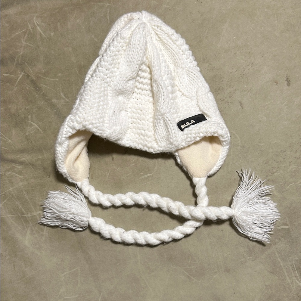 Bula Kids White Cable-Knit Earflap Hat with Braided Tassels